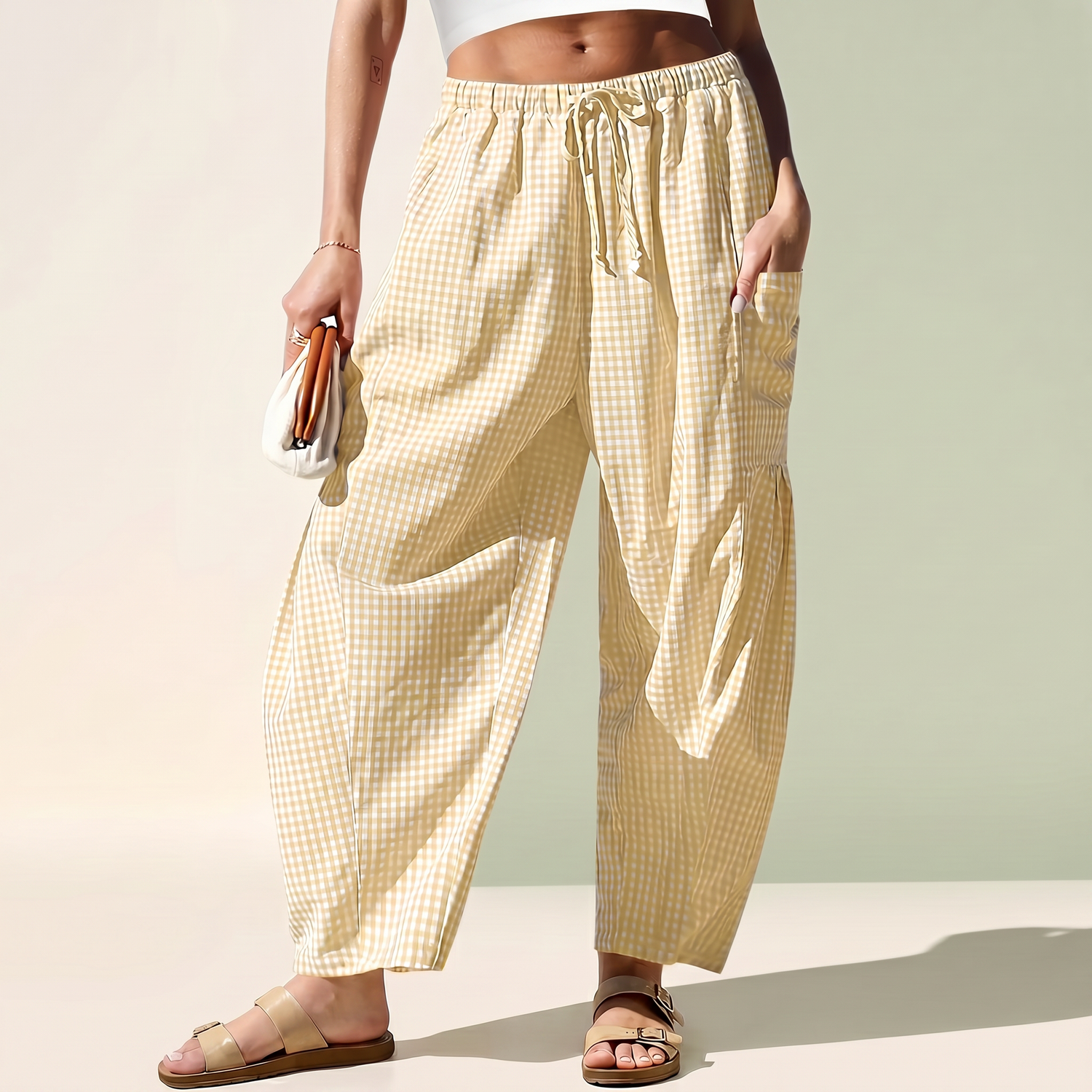 Dwnly Linen Pants - Beige Gingham