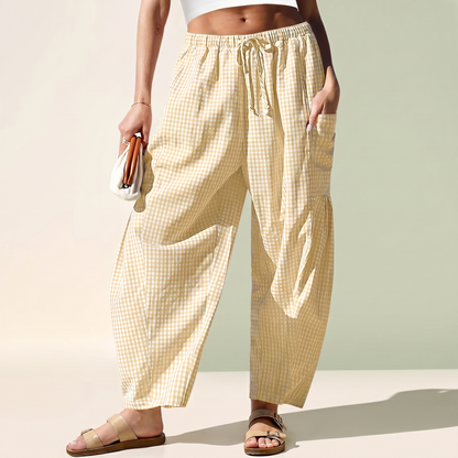 Dwnly Linen Pants - Beige Gingham