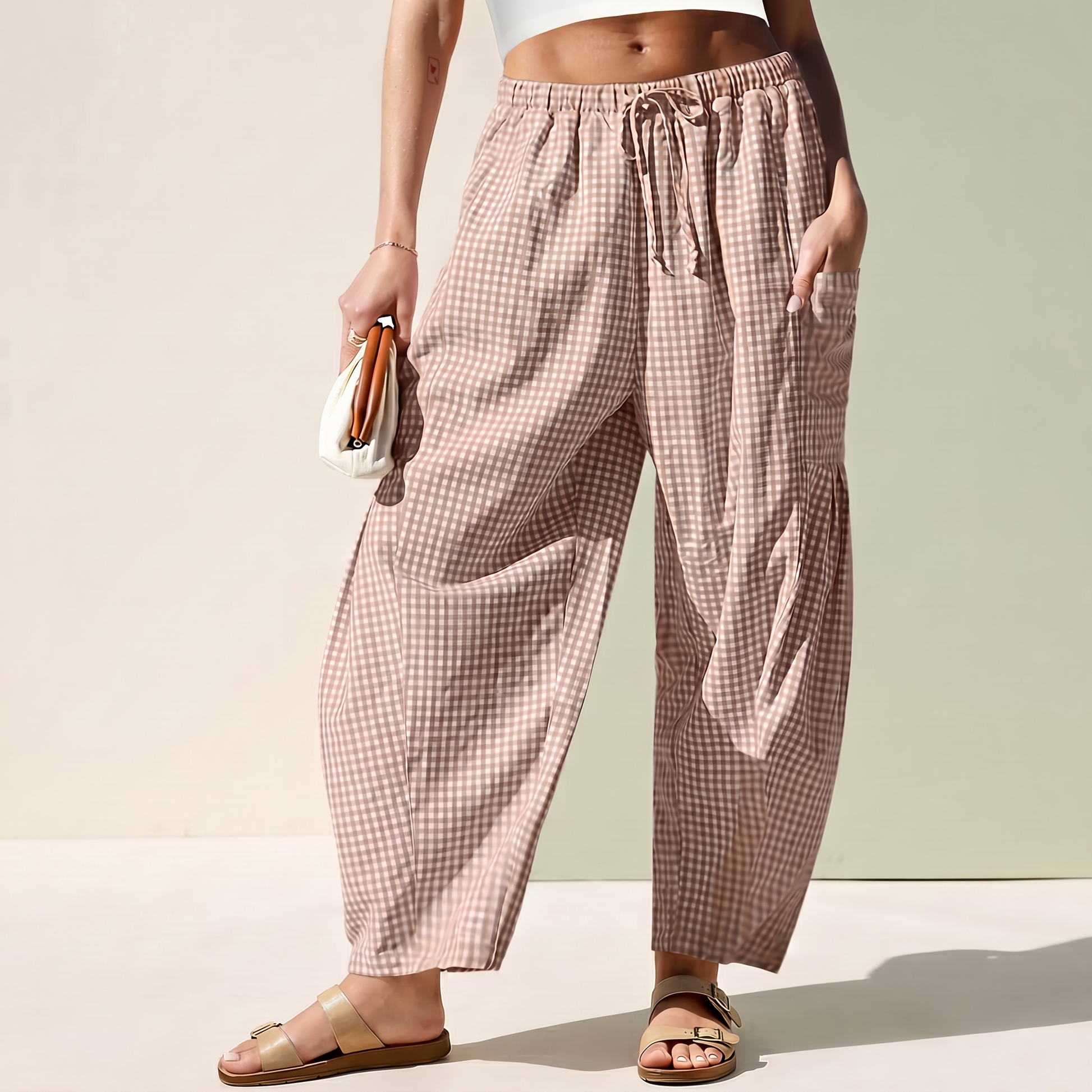 Dwnly Linen Pants - Coffee Gingham