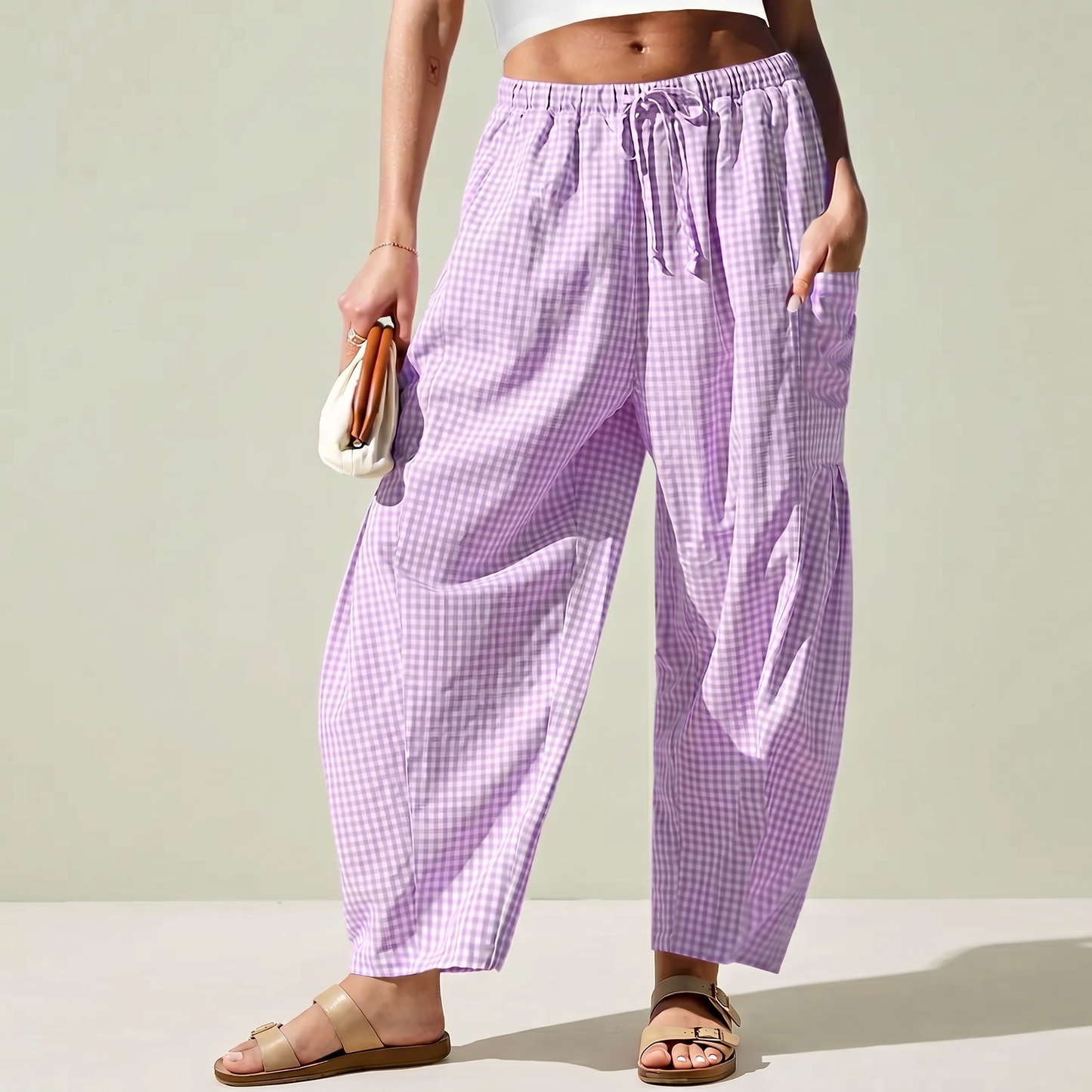 Dwnly Linen Pants - Purple Gingham