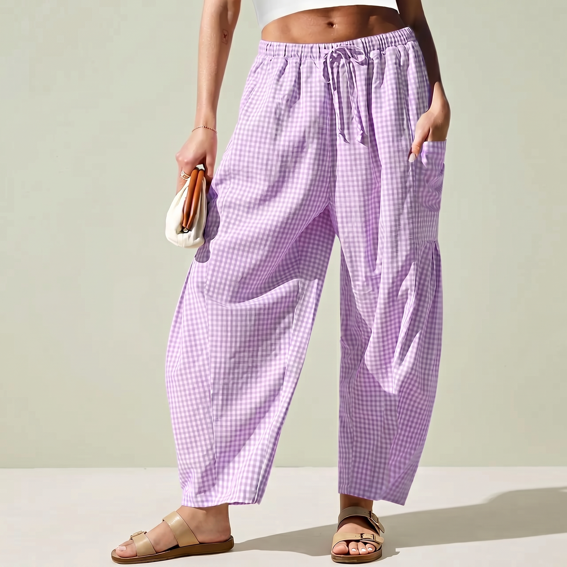 Dwnly Linen Pants - Purple Gingham