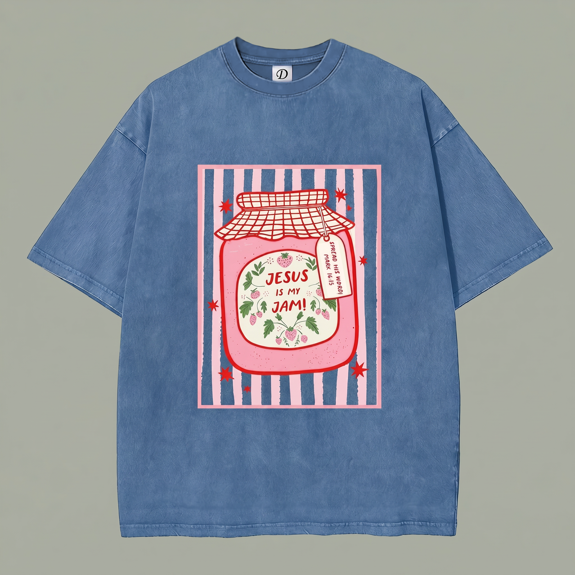 Berry Blessed Tee - Washed Denim Blue